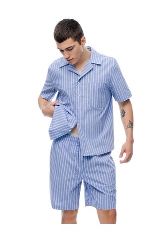 Camisa + Bermuda De Pijama Algodón Azul Con Rayas Hombre Azul Gef