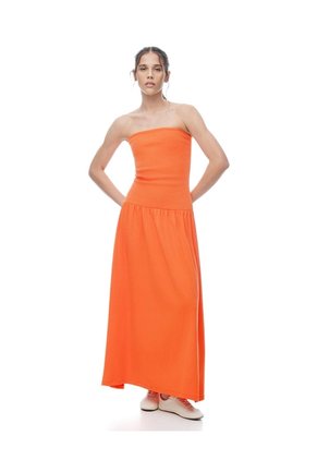 Vestido Largo Strapless Silueta A Naranja Mujer Naranja