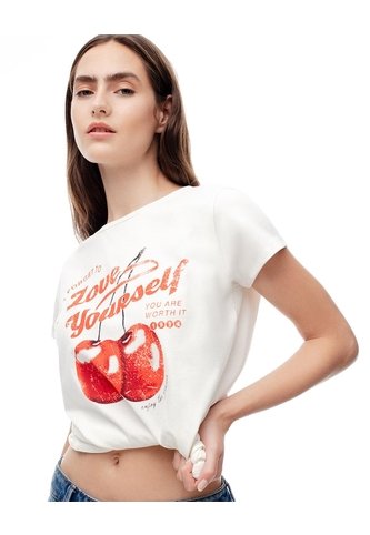 Camiseta Regular Algodón Beige Estampada Mujer Marron Gef