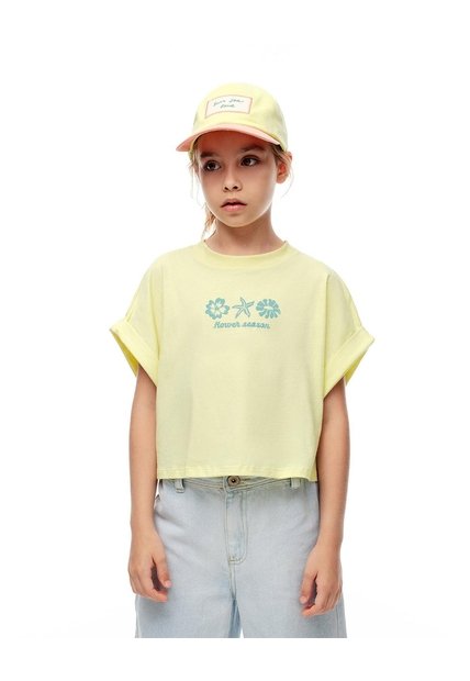 Camiseta Regular Algodón Amarilla Estamada Niña Amarillo