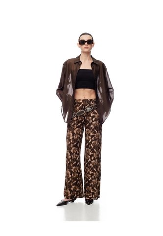 Pantalón Wide Leg Tiro Medio Estampado Mujer Cafe Gef