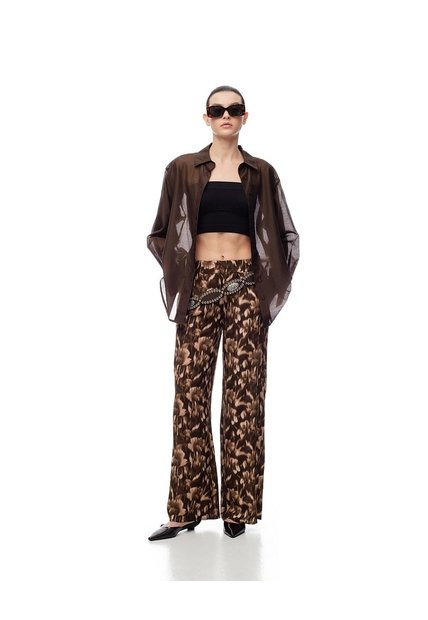 Pantalón Wide Leg Tiro Medio Estampado Mujer Cafe
