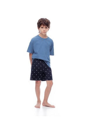 Camiseta + Bermuda De Pijama Algodón Azul Niña Niño Azul