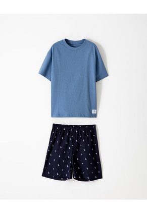 Camiseta + Bermuda De Pijama Algodón Azul Niña Niño Azul