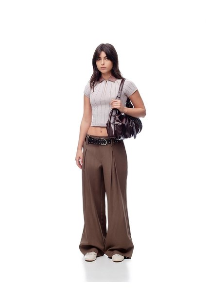 Pantalón Wide Leg Tiro Bajo Café Mujer Cafe