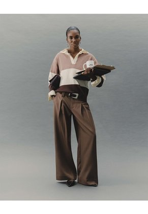Pantalón Wide Leg Tiro Bajo Café Mujer Cafe