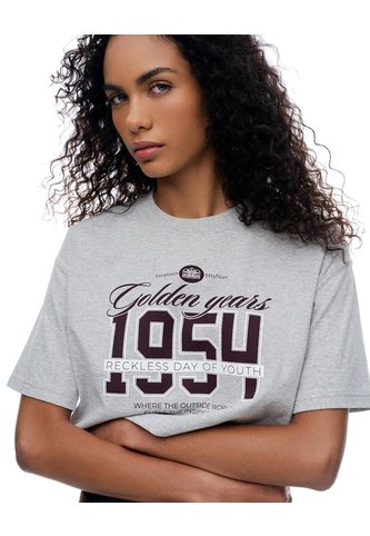 Camiseta Crop Regular Algodón Gris Estampada Mujer Gris Gef