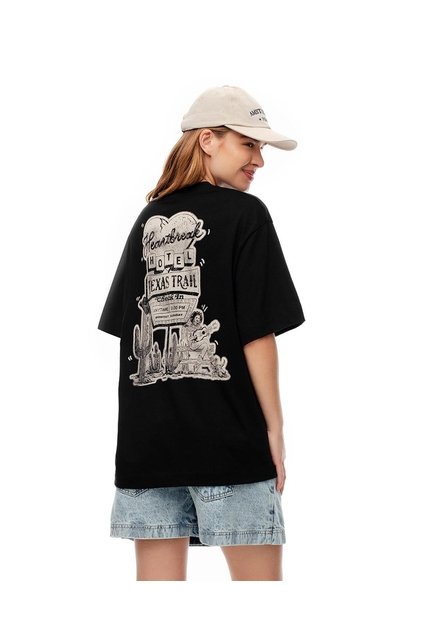 Camiseta Oversize Algodón Negra Estampada Mujer Negro