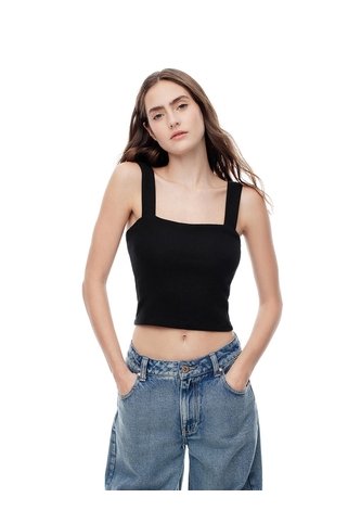 Crop Top Slim Rib Algodón Negra Mujer Negro Gef