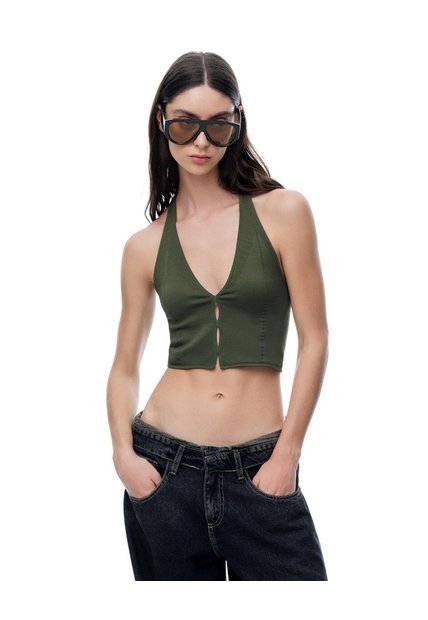 Crop Top Halter Slim Seamless Verde Mujer Verde
