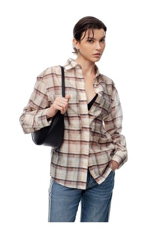 Camisa Manga Larga Regular Cuadros Mujer Cafe Gef