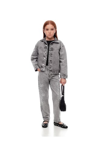 Jean Mom Tiro Medio Brillos Gris Niña Azul Gef