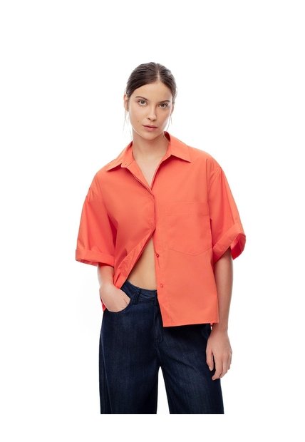 Camisa Manga Corta Oversize Algodón Naranja Mujer Naranja