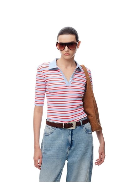 Polo Slim Tejido De Punto Rayas Mujer Azul