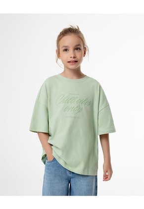 Camiseta Oversize Algodón Verde Estampada Niña Verde