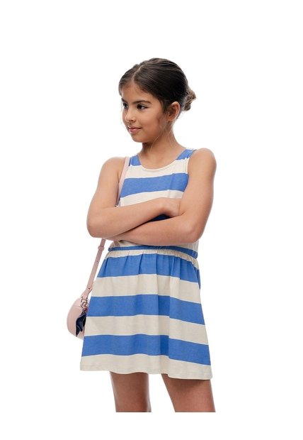Vestido Corto Algodón Rayas Niña Azul