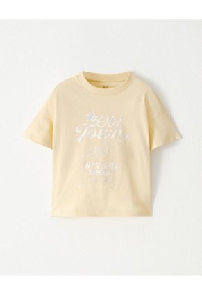 Camiseta Regular Algodón Amarilla Estampada Niña Amarillo