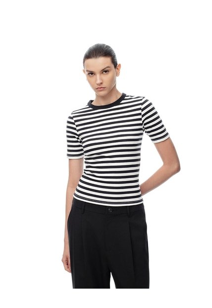 Camiseta Slim Rib Algodón Rayas Mujer Blanco