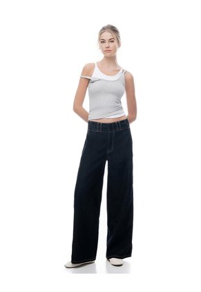 Jean Wide Leg Tiro Medio índigo Osc Mujer Azul