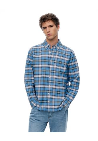 Camisa Manga Larga Regular Algodón Cuadros Hombre Azul Gef