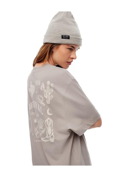 Camiseta Oversize Algodón Taupe Estampada Mujer Marron Claro