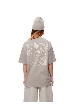Camiseta Oversize Algodón Taupe Estampada Mujer Marron Claro