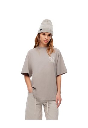 Camiseta Oversize Algodón Taupe Estampada Mujer Marron Claro