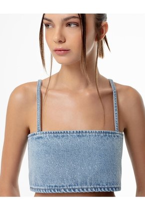 Crop Top Denim Brillos índigo Claro Mujer Azul