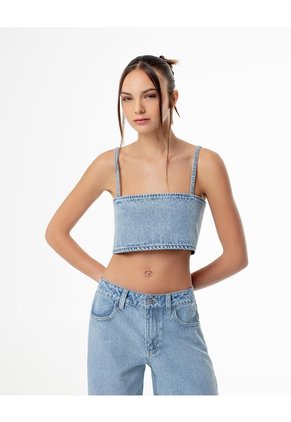 Crop Top Denim Brillos índigo Claro Mujer Azul