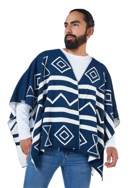 Ruana Rombos Doble Faz - Azul/Marfil