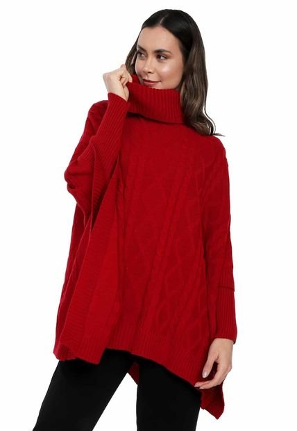 Ruana Mangas Trenza Rombos Cuello Tortuga - WMC536-Rojo