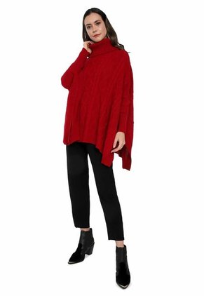 Ruana Mangas Trenza Rombos Cuello Tortuga - WMC536-Rojo