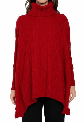 Ruana Mangas Trenza Rombos Cuello Tortuga - WMC536-Rojo