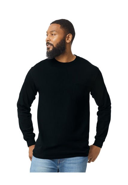 Camiseta Manga Larga Adulto Con Bolsillo Negro Gildan