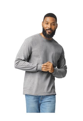 Camiseta Manga Larga Adulto Con Bolsillo Gris Jaspe Gildan