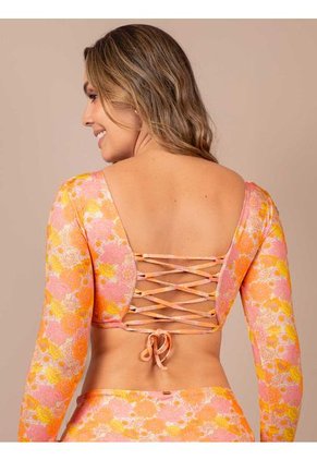 Top De Baño Manga Larga Haby Amarillo Estampado