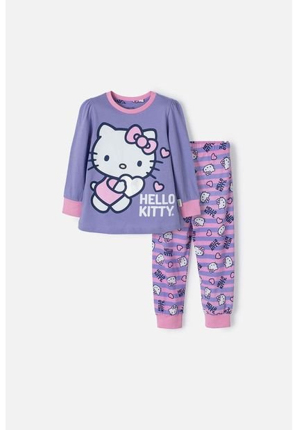 Pijama De Hello Kitty Morada Y Rosada De Camiseta Manga Larga Para Niña 2T A 5T 5T