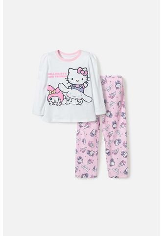 Pijama De Hello Kitty Blanca Y Rosada De Camiseta Manga Larga Para Niña 2T A 5T 3T Hello Kitty