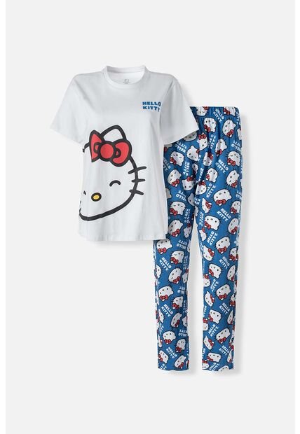 Pijama De Hello Kitty De Pantalón Largo Blanco Y Azul Para Mujer M