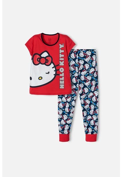 Pijama De Hello Kitty Roja Y Azul De Pantalón Largo Para Niña 12