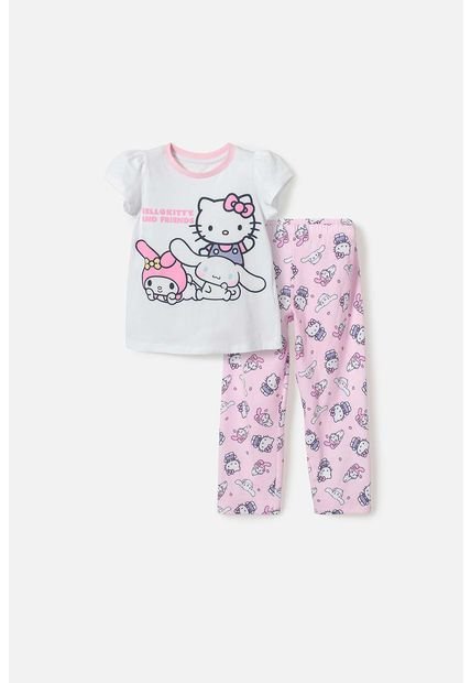Pijama De Hello Kitty Blanca Y Rosada De Camiseta Manga Corta Para Niña 2T A 5T 5T
