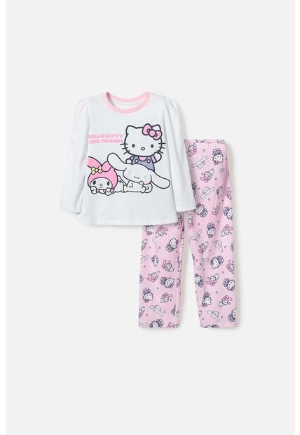 Pijama De Hello Kitty Blanca Y Rosada De Camiseta Manga Larga Para Niña 2T A 5T 5T