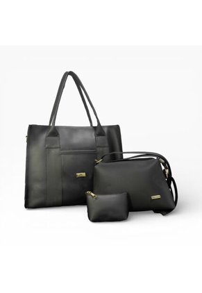 Combo De Tres Piezas Shopper Manos Libres Y Monedero Karla Chacon Negro