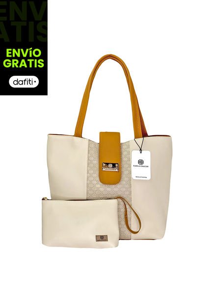 Bolso Cartera Mujer Dama Karla Chacon Line Beige Con Cosmetiquera