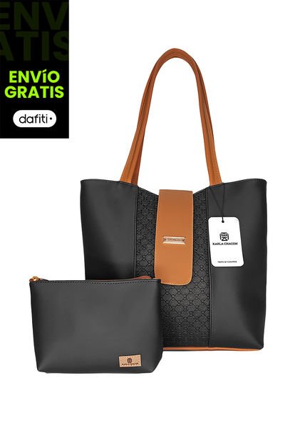 Bolso Cartera Mujer Dama Karla Chacon Line Negro Con Cosmetiquera