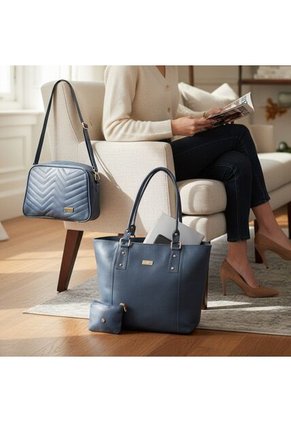 Set De Bolsos Para Mujer Bolso Tote Mila + Bolso Manos Libres Tini + Monedero Karla Chacon Azul