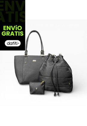 Combo De Tres Piezas Bolso Shopper Manos Libres Y Monedero Karla Chacon Negro