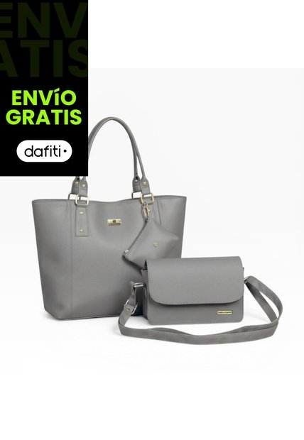 Set De Bolsos Para Mujer Bolso Tote Mila + Bolso Manos Libres Nova + Monedero Karla Chacon Gris