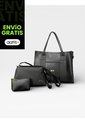 Combo De Tres Piezas Bolso Shopper Laura + Manos Libres Cuba Y Monedero Karla Chacon Negro de KARLA CHACON