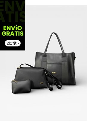 Combo De Tres Piezas Bolso Shopper Laura + Manos Libres Cuba Y Monedero Karla Chacon Negro